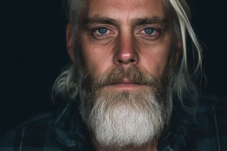 Homem com barba longa grisalha, mais branca no queixo