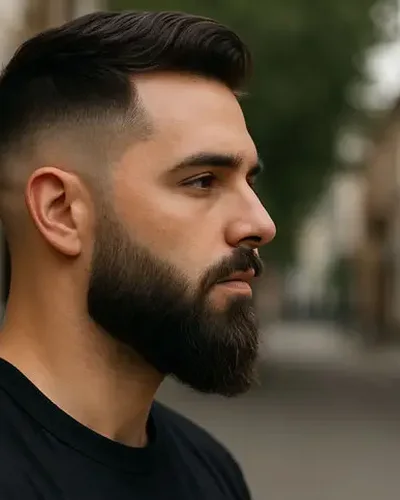 Homem com degradê com barba média