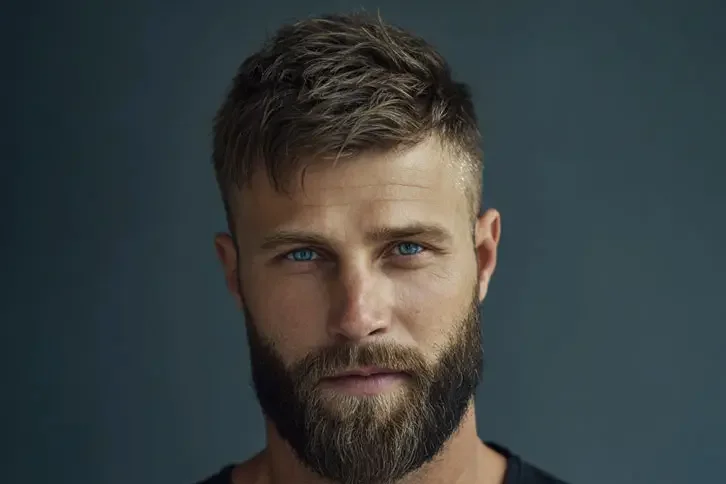 Homem com barba cheia, laterais curtas e mais volume no queixo