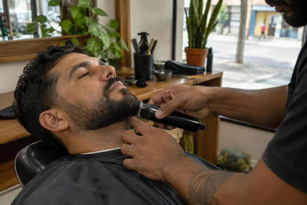 Barbeiro aparando a barba de um cliente com máquina, numa barbearia de bairro