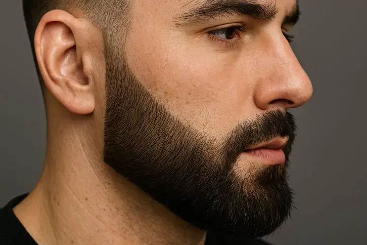 Linha da bochecha bem definida, da costeleta ao canto do bigode