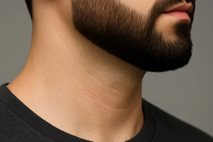 Linha do pescoço feita dois dedos acima do pomo de adão