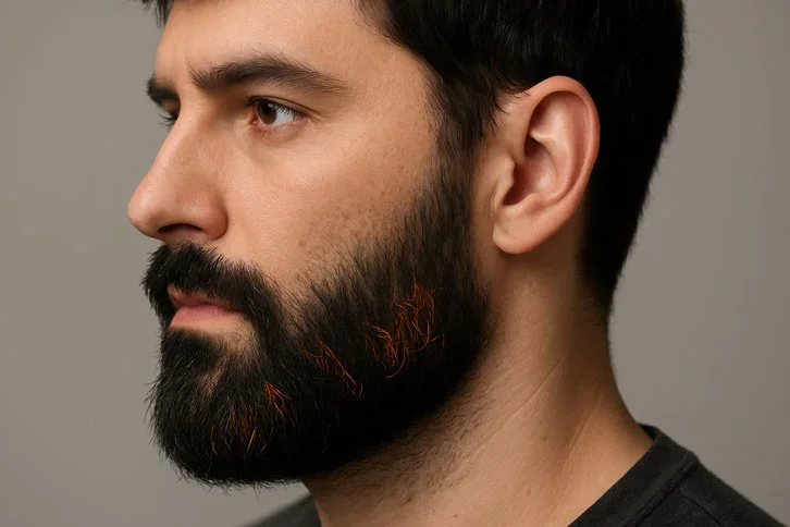 Homem de cabelo escuro com fios ruivos misturados na barba