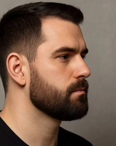 Homem com barba cheia arredondada