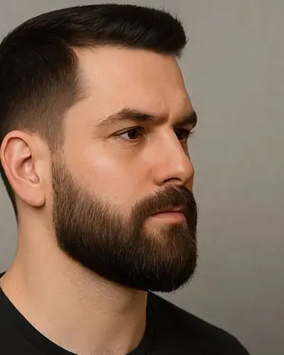 Homem com barba cheia com laterais aparadas