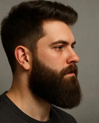 Homem com barba cheia com laterais volumosas